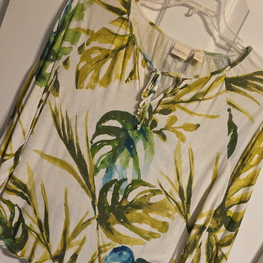 Chico's White Long Sleeve Palm-Print Top with Green and Blue Accents